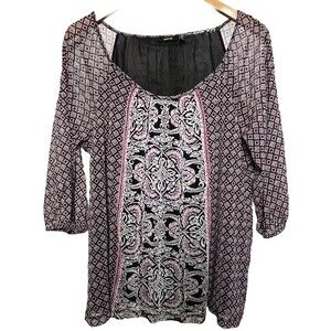 Apt 9 Top Puff Sleeve Scoop Black Pink Blouse Sheer Lined Plus‎ 0X Boho Peasant